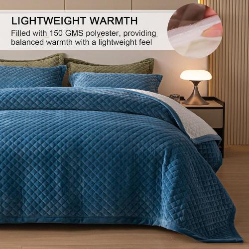 Queen Size Velvet 3-Piece Quilt Set - Ultra Soft Bedding with 2 Pillow Shams, Lightweight Reversible Coverlet Bedspread with Plaid Quilting for All Seasons, Royal Blue/White 90x96 Inches