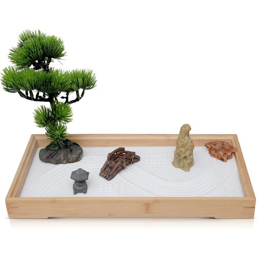 ENSO - Japanese Zen Garden for Desk - Extra Large 16 x 8 Desktop Mini Zen Garden with White Sand, Artificial Bonsai Tree, Rocks, Rakes & Accessories - Zen Gifts Sand Garden Kit for Office Decor