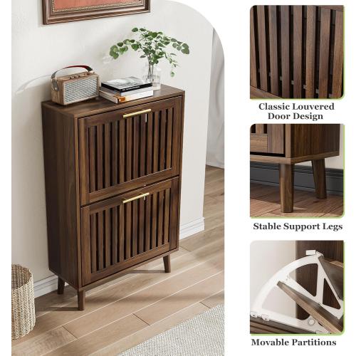 Shoe Cabinet, Shoe Storage Cabinet with Louvered 2 Flip Drawers, Narrow Shoe Cabinet Storage for Entryway, Freestanding Shoe Organizer Cabinet with Golden Handles, Slim Shoe Rack Cabinet (Walnut)