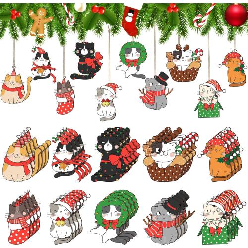 Spiareal 40 Pcs Christmas Cat Ornament Set Xmas Decor Tree Hanging Cat Wooden Holiday Decoration Ornaments for Christmas Tree Outdoor Hanging (Cute)