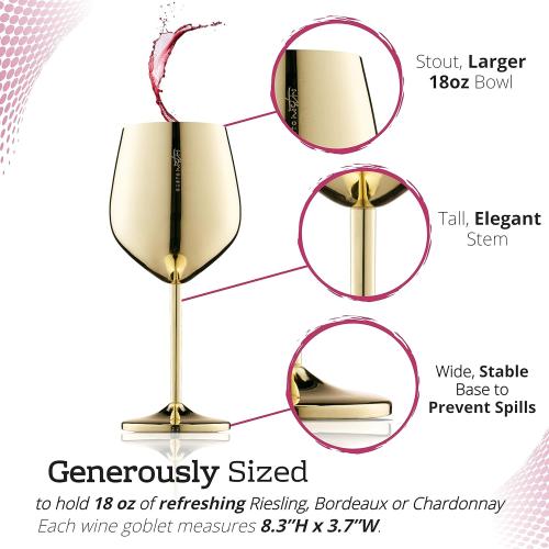 Color Gold Gusto Nostro Stainless Steel Wine Glass - 18 oz Unbreakable Gold Wine Glasses for Travel, Camping and Pool - Fancy, Unique and Cute Portable Metal Wine Glass for Outdoor Events, Picnics (Set of 4)
