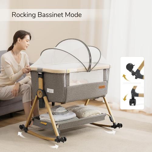 Maydolly Baby Bassinet & Bedside Sleeper, 3 in 1 Rocking Bassinet with Mattress & Sheet, Adjustable Height, Removable Breathable Cover, Easy Folding Infant Crib (Grey)