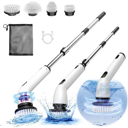 TUYU Electric Spin Scrubber, Full-Body IPX7 Waterproof Bathroom Scrubber,4 Replacement Head for Adjustable Extension Handle Electric Cleaning Brush for Bathroom, Tub, Tile