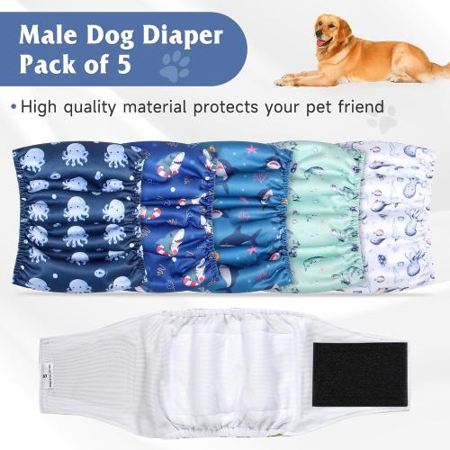 5 Pack Dog Diapers Male, High Absorbing Dog Wraps, Belly Bands for Male Dogs with Incontinence or Frequent Urination, Washable Doggie Diapers Fish L