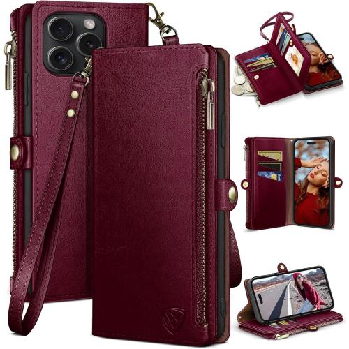 Size iPhone 16 Pro Max Color red XcaseBar compatible with iPhone 16 Pro Max Wallet case with Zipper Credit Card Holder【RFID Blocking】,Flip Folio Book PU Leather Phone case Shockproof Cover Women Men for Apple 16 Pro Max case Wine Red