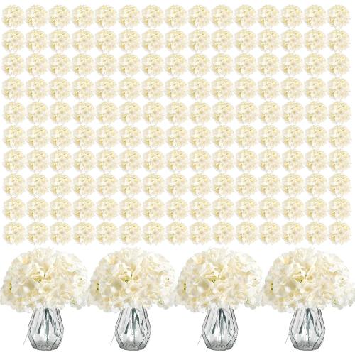 WHITE Auihiay 404PCS Hydrangea Artificial Flowers, Silk Artificial Flowers Heads with Stems, Champagne Lifelike Faux Flowers for Wedding Centerpieces, Arch and Background, Party, Home, Baby Shower Decor
