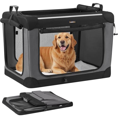Feandrea Collapsible Dog Crate, Portable Dog Travel Crate for Large Dogs, Oxford Fabric Pet Carrier with 4 Mesh Doors, Handles, Storage Pocket, Water Bottle Holder, Ink Black UPDC019B01