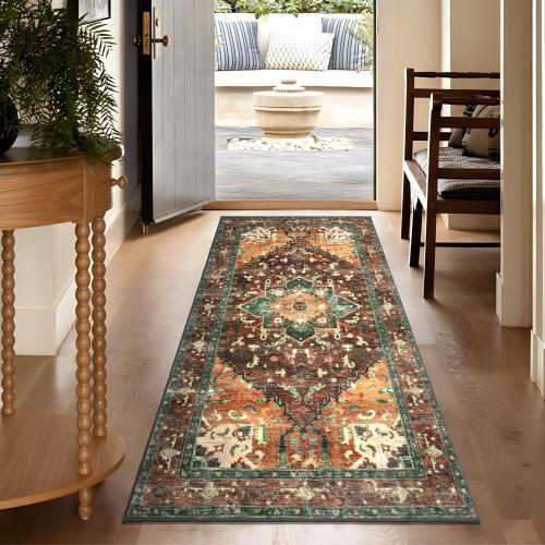 Yamaziot Washable Runner Rug, Non-Slip Boho Vintage Hallway Rug with Rubber Backing, Low Pile Faux Wool Distressed Carpet Runner for Bedroom, Kitchen, Laundry, Entrance (168 x 28)