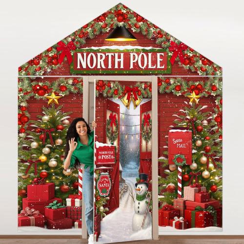 4 Pcs Christmas North Pole Decorations Christmas North Pole Door Covers Door Banner Backdrop Hanging Banner Photography Background for Winter Holiday Home Decor Photo Backdrop Props