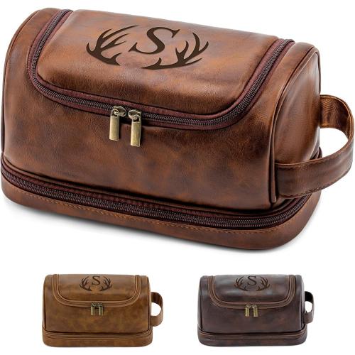 Laser-Engraved Initial Mens Toiletry Travel Bag, Corporate Gifts for Clients Boss Colleague Employee Appreciation Gifts Birthday Party Favor Waterproof Shaving Bag for Men (Reddish Brown S)