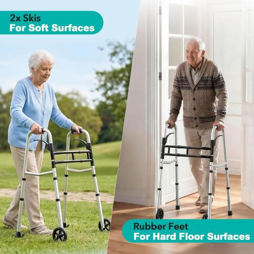 HOMENURSE Folding Walkers for Seniors with Skis, Width & Height Adjustable | Narrow Walker with 5 Wheels for Small Spaces, Aluminum Lightweight Standard Rolling Walker, Supports Up to 300lbs, Silver