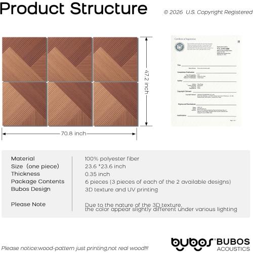 BUBOS Self-Adhesive Acoustic Wall Panels,6 Pack Wood-Pattern Soundproof Wall Panels, Total Size 70.8 x 47.2 Inches Decorative Sound Absorbing Panels for Studio, Home,Deep Diamond Weave