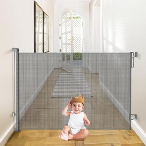 Babepai Retractable Baby Gates Extra Wide | 55 Wide x 38 Tall Dog Gates for Stairs | Indoor/Outdoor Use | Child Gates for Doorways, Deck, Porch, Hallways, Patio - Gray