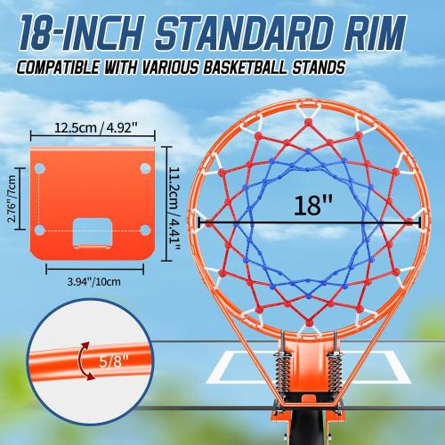 Basketball Rim, 18 Replacement Wall Mounted Outdoor Basketball Hoop, Heavy Duty Solid Steel, Double Spring Basketball Hoop Rim with All Weather Net for Indoor and Outdoor Hanging