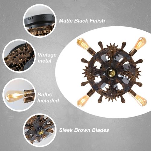 18.9 Vintage Industrial Small Ceiling Fans with Lights and Remote,Wooden Rudder Low Profile Fandelier Ceiling Fan with Light,Flush Mount Bladeless Ceiling Fan for Kitchen,Bedroom,Cafe Bar