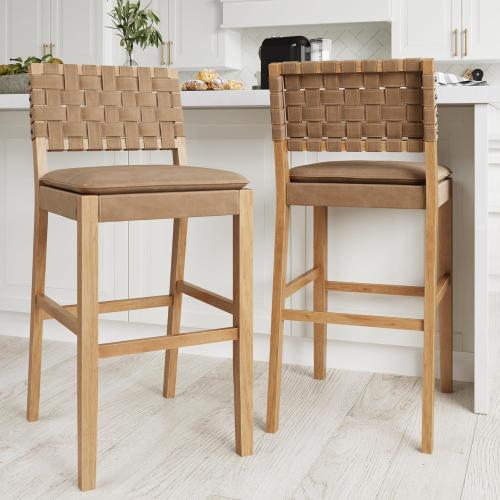 Nathan James Cohen Mid-Century Modern 29 in. Wood Bar Stool, Upholstered Faux Leather Bar Height Stool with Solid Wood Frame, Natural Brown, Set of 2