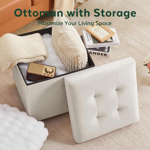 Ottoman with Storage, Square Storage Ottoman for Dorm, Velvet Ottomans with Legs for Living Room, Bedroom, 17.7 D x 17.7 W x 19.9 H, Cream White