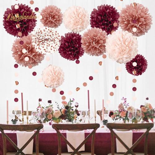 NICROLANDEE Bachelorette Party Decorations 15Pcs Burgundy Tissue Pom Poms
