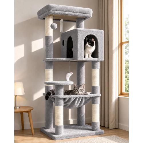 Globlazer Cat Tree Tower with Scratching Post for Indoor Cats, 53inch Tall Plush Multi-Level Cat Climbing Tower Condo House with Large Hammock, Spacious Cat Cave, Padded Top Perch Bed, F53, Light Gray