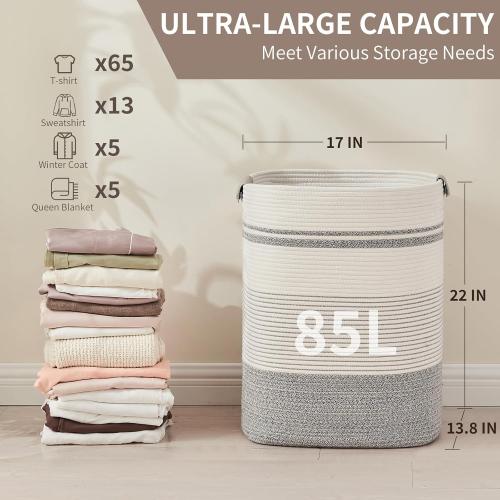 AINUOQI Laundry Basket with Handles - Blanket Basket & Hampers for Bedroom Aesthetic, Laundry Hamper & Blanket Storage for Living Room, Clothes Hamper, Tall, Large 17 x 14 x 22”, Grey & White