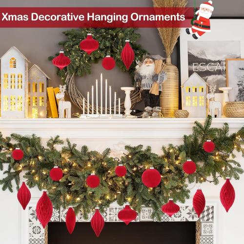 30PCS Burgundy Velvet Christmas Ornaments Various Shapes Flocked Ornaments for Christmas Tree Balls with Hanging Ropes, Shatterproof Plastic Balls Decorations for Holiday Party Indoor Home, Red