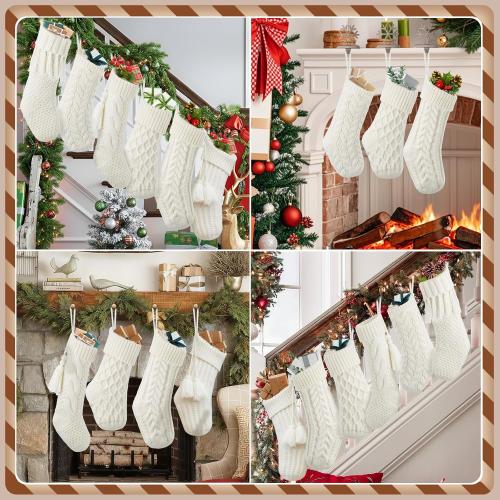steo spce 6 Pack Vintage Knit Christmas Stockings – White Beige Apricot Rustic Boho Farmhouse Cable Knitted Holiday Set