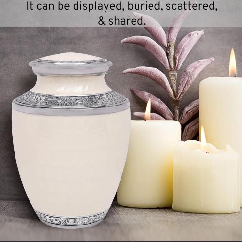 Lightweight Metal Cremation Urn for Human Ashes - Decorative Metal Memorial Urn for Adults, Secure Screw Lid, Durable Burial Urn for Home, Funeral, Men & Women 10 (White & Silver) - CLEENTABLE