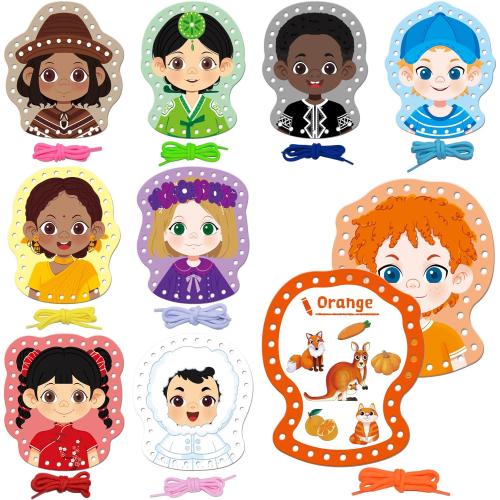9 Pieces Happy Face Lacing Cards, 9 Double Sided Color Sewing Cards with 9 Colorful Laces, Educational & Learning Activity Games, Imagination Development Lacing Toys for Preschoolers, Kids