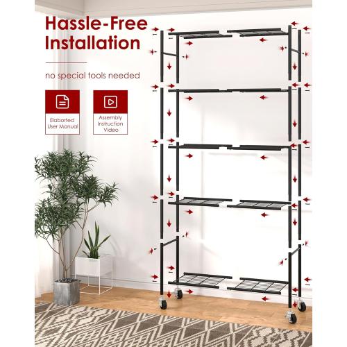 Sakugi Storage Shelves Organizer - 5 Tier Metal Shelf Organizer with Metal Wheels and Adjustable Leveling Feet, Heavy Duty Garage Shelving for Kitchen, Pantry and Closet, 33.1x12.6x73.5, Black