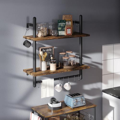 Bestier 24 Floating Kitchen Shelves Wall Mounted 2 Tier Coffee bar Shelves with 8 Hooks, Industrial Wall Shelf for Kitchen, Living Room Bedroom, Rustic Brown