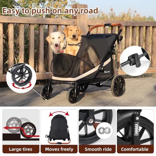 Dog Stroller for Large Dogs One-Click Folding 4 Wheel Foldable Dog Stroller for 2 Dogs with Storage Pocket Suitable for Pets Up to 80LBS (Black, Large)