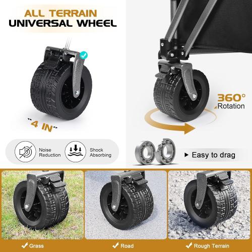 Collapsible Wagon Cart Outdoor 8.48 Cubic Feet Folding Utility Wagon 330 lbs Capacity Heavy Duty Beach Wagon with Big Wheels for Camping Beach Garden