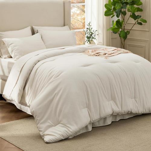 Bedsure King Size Comforter Set Beige - Bed in a Bag King Bedding 7 Pieces, Cationic Dyed Bed Set Gift for Family, Beige Soft Bedding for All Seasons Comforter with Sheets, Pillowcases & Shams