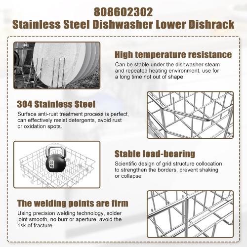 UPGRADED 304 Stainless Steel 808602302 5304535768 Dishwasher Lower Rack Replacement Compatible with Frigidaire Dishwasher Rack Parts with 154174501 Wheels Replaces 154432602 154432601 Dishwasher
