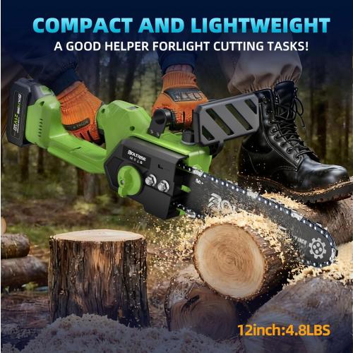 12 Inch Cordless Brushless Electric Chainsaw, 2 × 4.0mAh Batteries & Auto Oiler Security Lock, 32.81FT/S Powered Compact HandHeld Chain Saw, for Tree Trimming, Wood Cutting Garden, Pruning