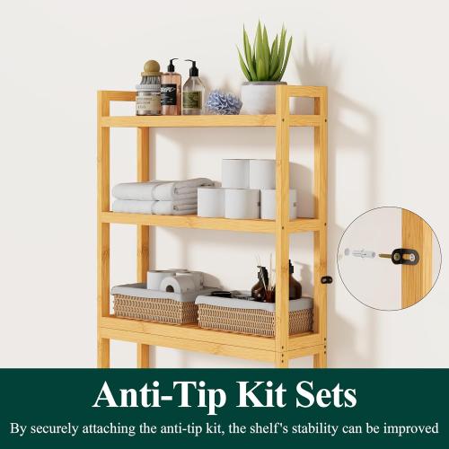 Smiry Over The Toilet Storage Cabinet, 3-Tier Bamboo Bathroom Organizers with Adjustable Shelf & 4 Hooks, Space Saving Shelf Rack for Bathrooms, Laundry Room, Balcony, Natural