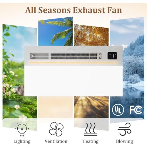 24x12.2 White 4 in 1 Bathroom Exhaust Fan with Light and Heater, 1800W 180 CFM 1.0 Sone Ceiling Fan Remote Control Heater, Ventilation for Home, Bath, Hotel