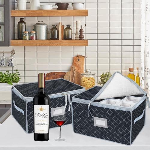 Wine Glass Storage Box with Dividers Holds 24 Stemware Storage Cases or China Crystal Glassware Containers with Handles and Lable Window (15.5 x 12.5x10)-Set of 2 Grey