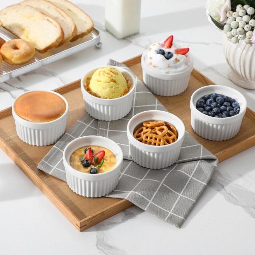 MALACASA Ramekins 6 oz Oven Safe, Porcelain Creme Brulee Ramekins Pudding Custard Cups Small Ceramic Souffle Dishes Ramakan Ramiken Ramicans Baking Bowls Set of 6, White, Series RAMEKIN-DISH