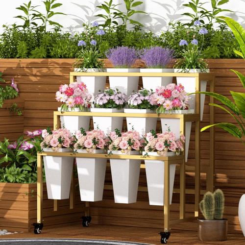 Flower Display Stand with 12 Buckets, 3 Layers Flower Bar, Gold Metal Plant Stand with Wheels, Heavy Duty Flower Cart for Indoor Outdoor Patio Garden Wedding Florist, Gold Metal Frame