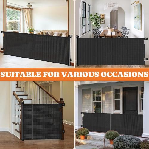Upgrade Retractable Baby Gates, 35 Tall Extends up to 60 Wide, Mesh Dog Gate Indoor for Stairs, Outdoor Reinforced Pet Gate with Support Rods for Doorways Hallways Kitchen Bedroom, Black