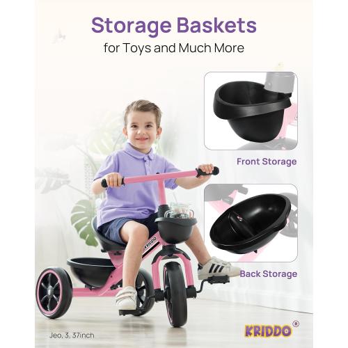 KRIDDO Toddler Tricycle for Toddlers Age 2-5, Tool-Free Trike