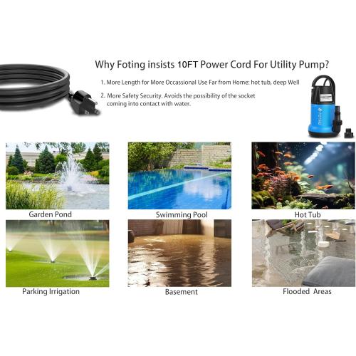 FOTING Sump Pump 1HP Clean/Dirty Submersible Water Pump, 4600GPH Utility Pump Thermoplastic Electric Portable Transfer Water Pump for Swimming Pool Garden Pond Basement with 10ft Long Power Cord