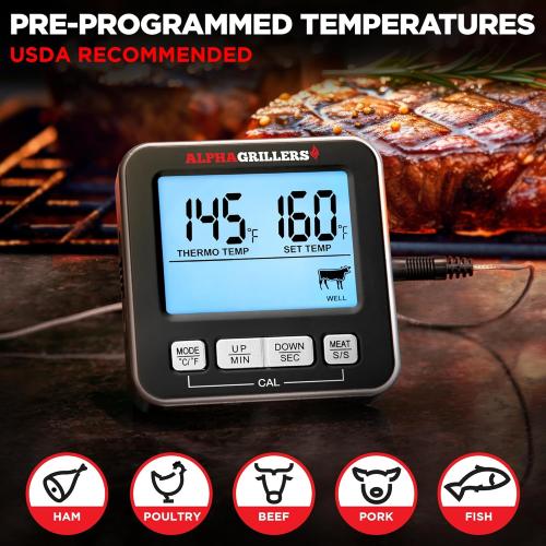 Alpha Grillers Meat Thermometer Digital - Kitchen Oven Thermometer for Cooking Food, Grilling, BBQ Smoker - 7 Preset Temperature Alerts, Timer, Alarm, & Stainless Steel Temperature Probe