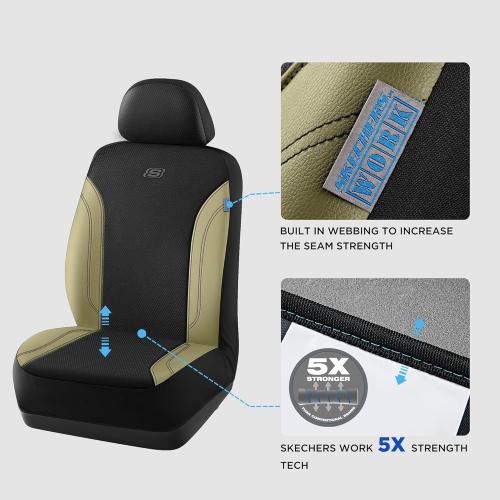Skechers Car Seat Covers, Work Leather Seat Covers 5-Times Stronger Built-in Webbing, Oxford Fabric Front Seat Cover, Airbag Compatible, Automotive Comfort for Cars, Trucks, SUVs,Beige