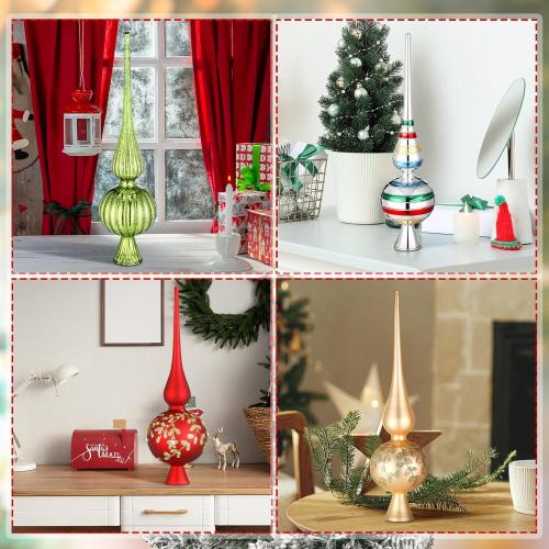 Gejoy Mercury Glass Christmas Finials Tree Topper Vintage Mid Century Colorful Ornaments Retro Spherical Blown Glass Xmas Tree Topper Finials Holiday Indoor Suitable for Party Decoration, 9.8inches