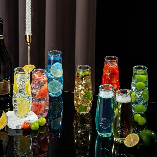 Stemless Champagne Flutes Set of 24, 10 oz Champagne Glasses, Toasting Glasses, Prosecco Mimosa Glasses, Made Of Recycled Glass, Embossed Stemless Champagne Flutes for Wedding, Party, Easter