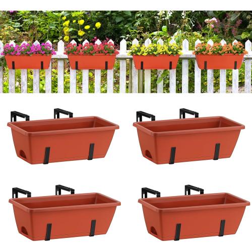 smusei Window Boxes Planters 17’’ Railing Planter Box with Adjustable Brackets, 4 Pack Hanging Deck Railing Planters Rectangular Flower Pots for Outdoor Patio Balcony Fence