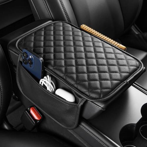 JOYTUTUS Center Console Cover with Storage Bag for SUV Sedan Car, Thin Middle Console Cover Arm Rest Pad, Leather 12.6 x 7.75 x 0.66
