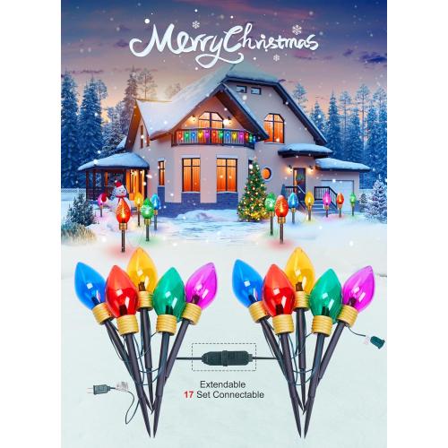 Jumbo C9 Christmas Pathway Lights Outdoor - 8.5 Feet 5 LED C9 Walkway Light, C7 Light Covered Jumbo Multicolor Bulb Christmas Lights Outdoor Decorations for Lawn Holiday Outside Yard Garden